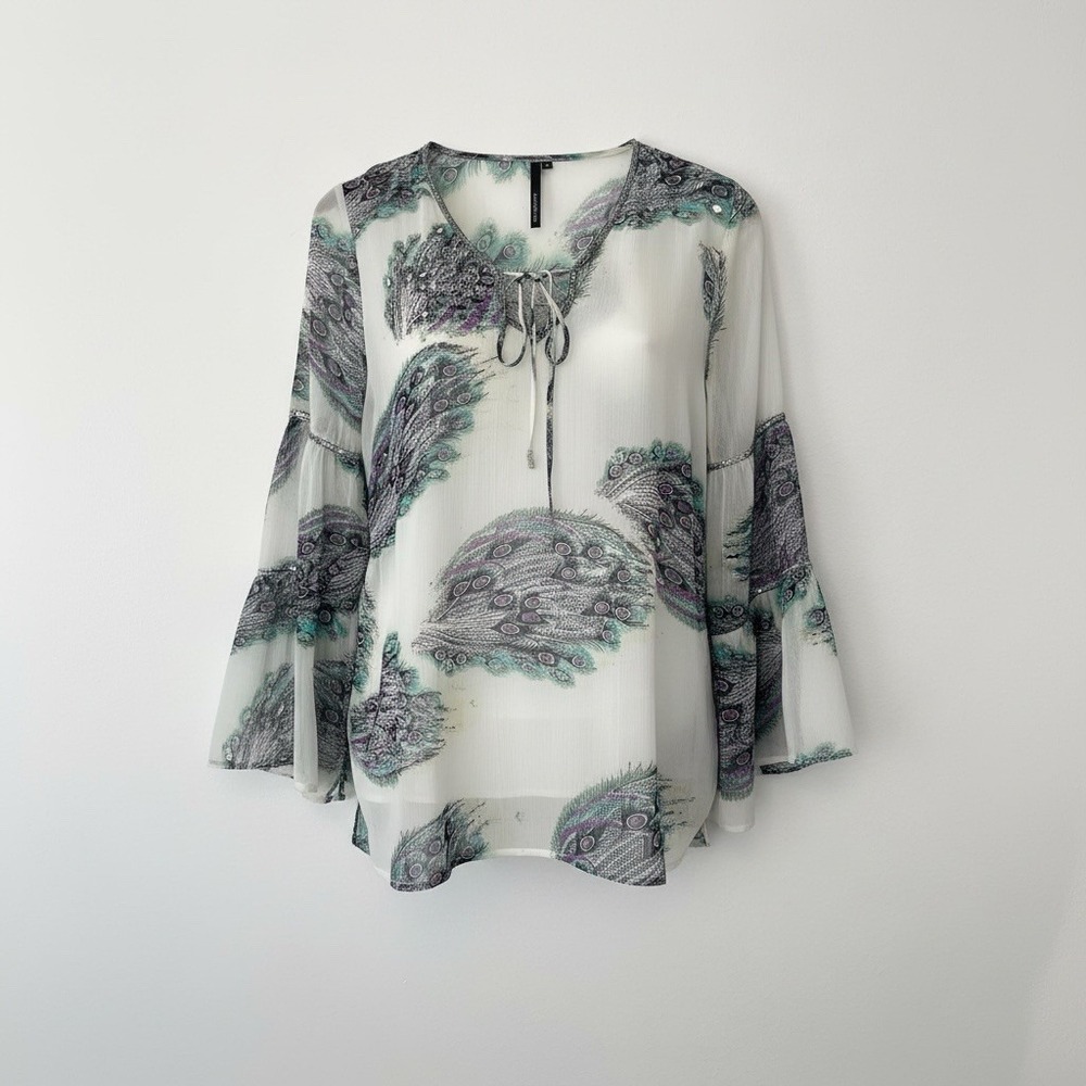 Vintage Kay Celine Sheer Boho Peacock Top Embellished Bell Sleeve‎ Festival